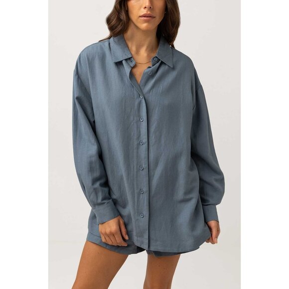Rhythm Womens Dream Time Oversized Shirt Dusted Teal Blue Button Up size Medium - Picture 1 of 16